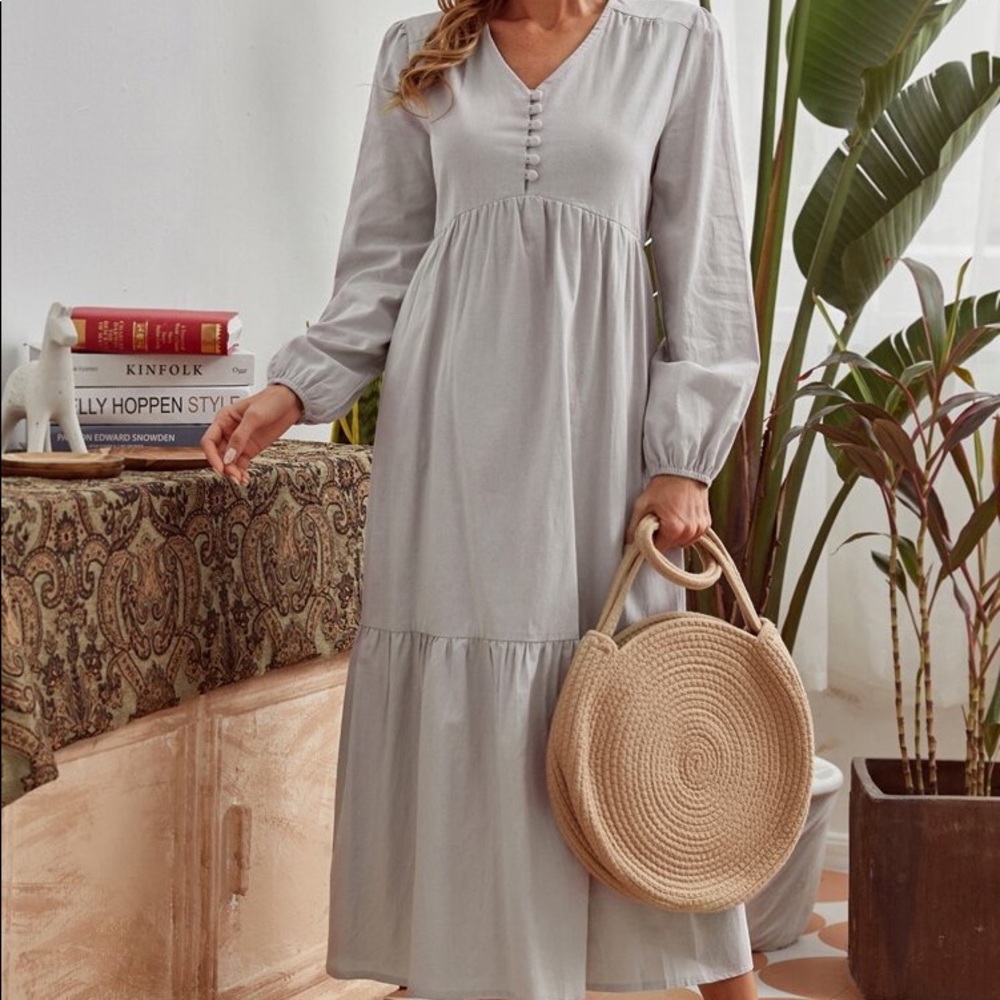 Stunning Long V Neck Long Sleeve Maxi Prairie Bohemian Flowy Linen Feel Dress